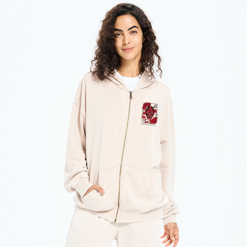 Tokyo-Tiger Cool Oni Floral Art Washed Zip Hoodie