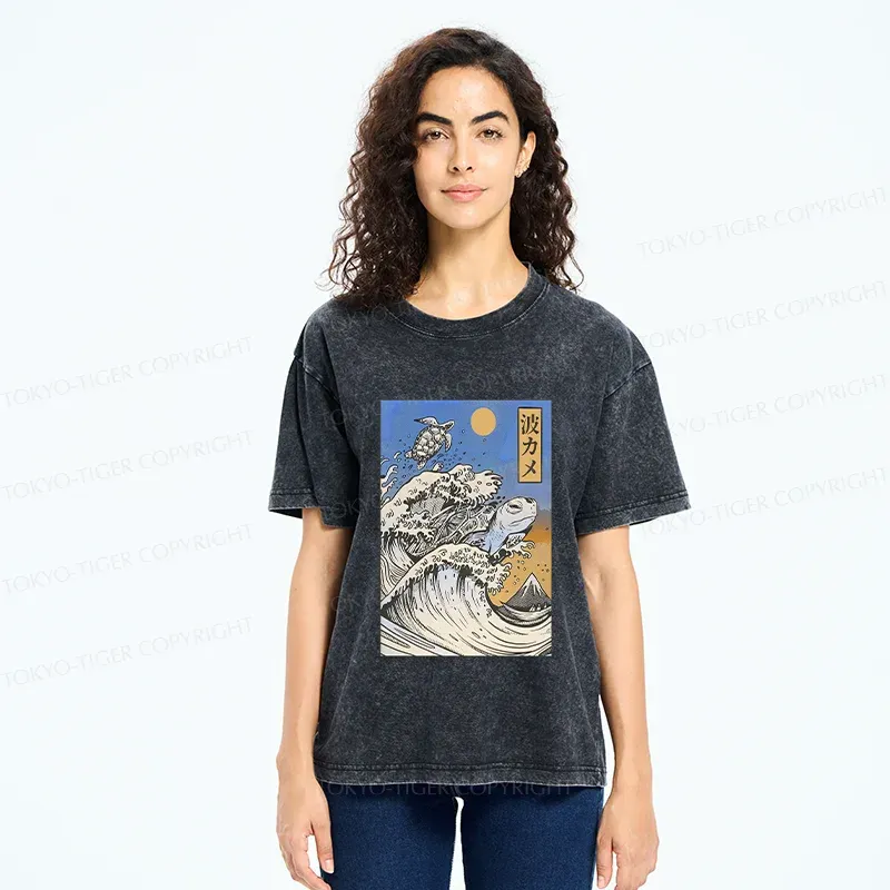 Tokyo-Tiger Surfing Turtle Washed T-Shirt