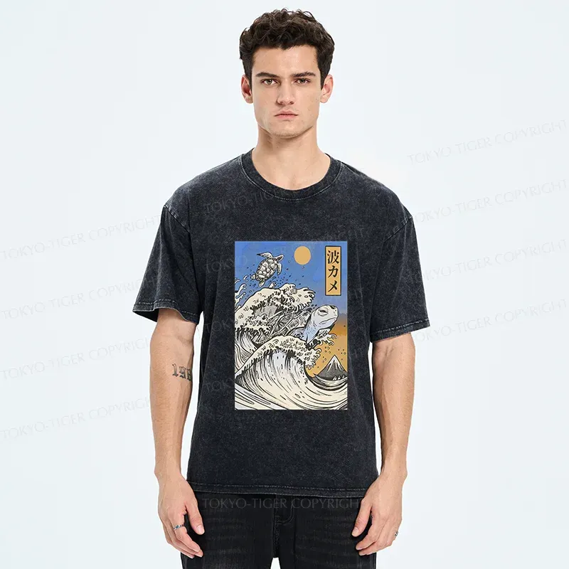 Tokyo-Tiger Surfing Turtle Washed T-Shirt