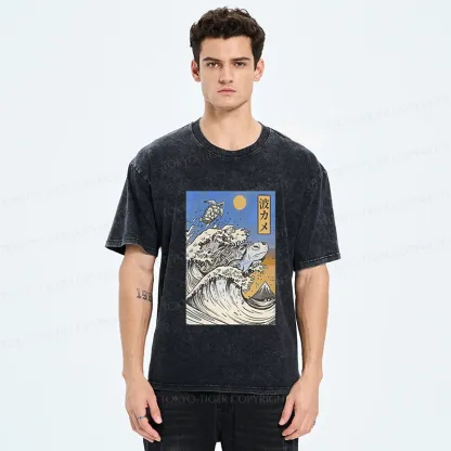 Tokyo-Tiger Surfing Turtle Washed T-Shirt