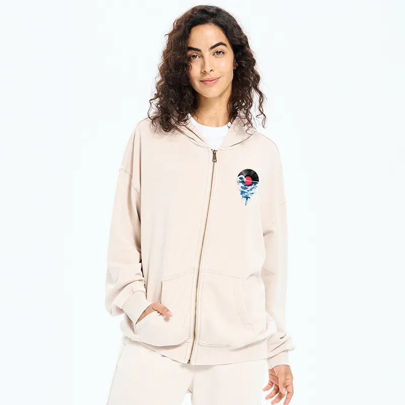 Tokyo-Tiger Vinyl Records And Waves Washed Zip Hoodie