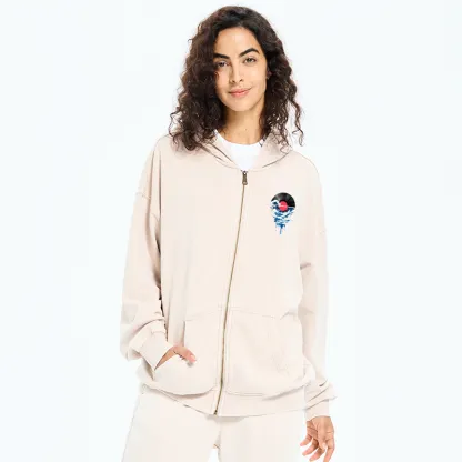 Tokyo-Tiger Vinyl Records And Waves Washed Zip Hoodie