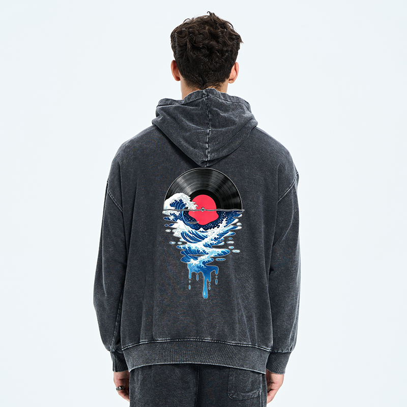 Tokyo-Tiger Vinyl Records And Waves Washed Zip Hoodie
