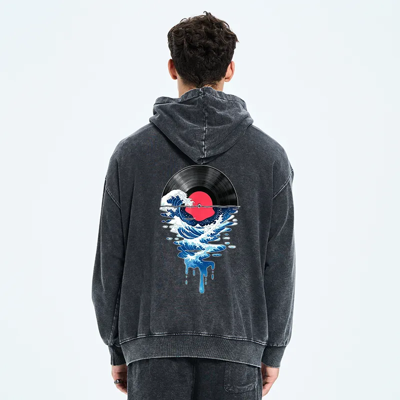 Tokyo-Tiger Vinyl Records And Waves Washed Zip Hoodie