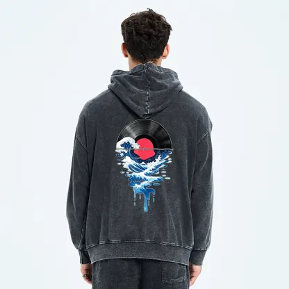 Tokyo-Tiger Vinyl Records And Waves Washed Zip Hoodie