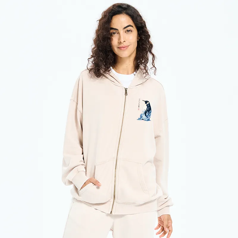 Tokyo-Tiger Keep Calm Penguin Washed Zip Hoodie