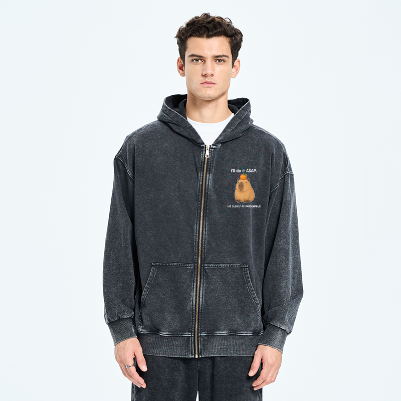 Tokyo-Tiger Slow Task Capybara Meme Washed Zip Hoodie