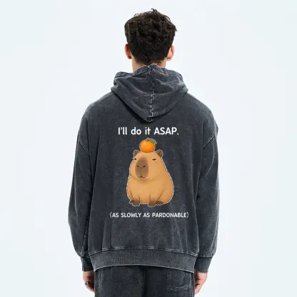 Tokyo-Tiger Slow Task Capybara Meme Washed Zip Hoodie
