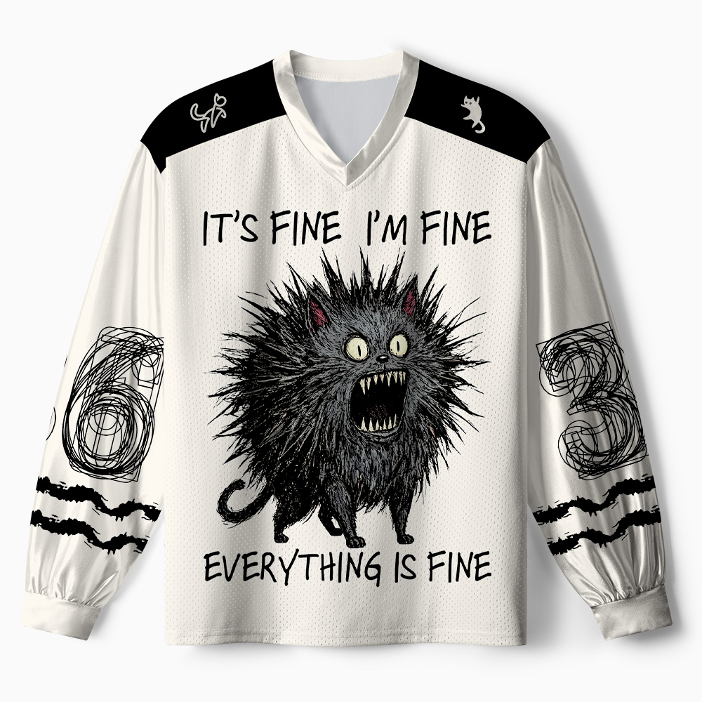 Tokyo-Tiger It's Fine I'm Fine Funny Mental Health Cat Paneled Long Sleeve Jersey