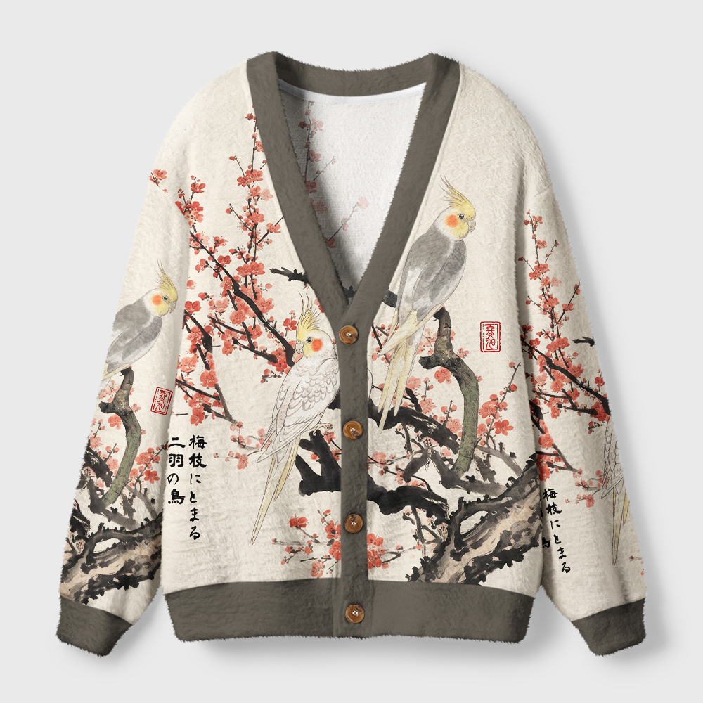 Tokyo-Tiger Cockatiels On Plum Blossoms Ugly Cardigan Sweater
