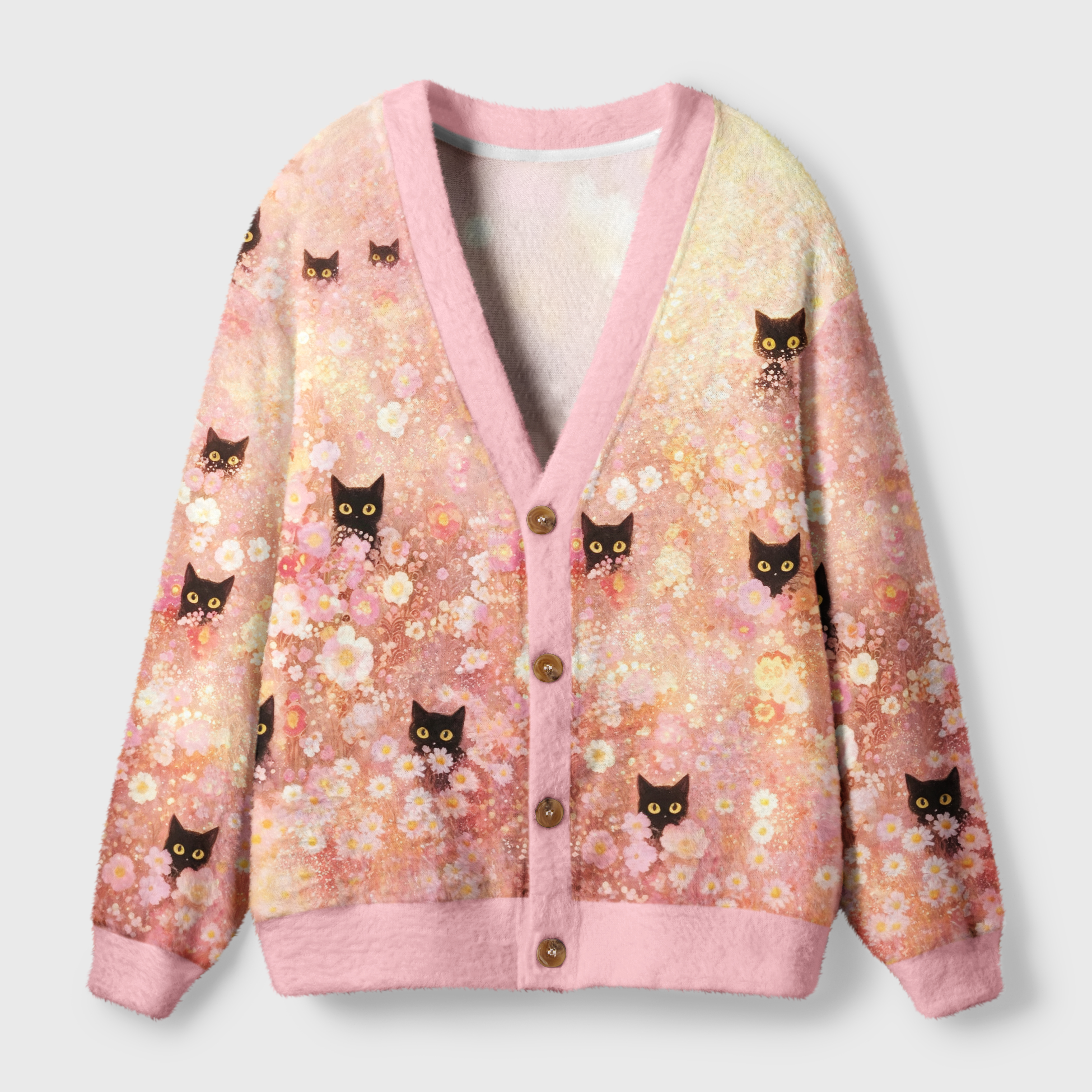 Tokyo-Tiger Black Cats Among Pink Blooms Ugly Cardigan Sweater