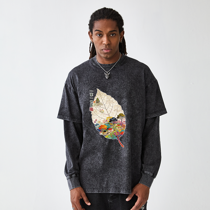 Tokyo-Tiger One Leaf Holds A Tiny Colorful World Washed Double Layer T-Shirt
