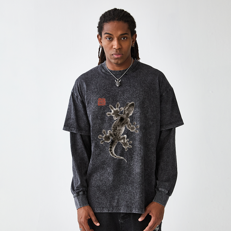 Tokyo-Tiger Minimal Asian Ink Brush Gecko Vibe Washed Double Layer T-Shirt