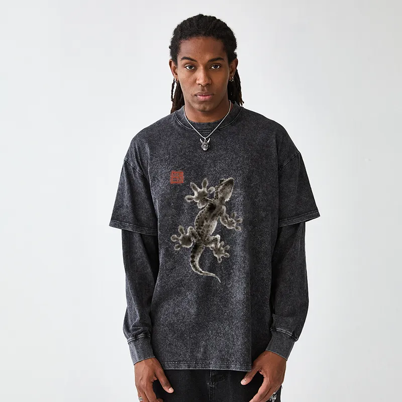 Tokyo-Tiger Minimal Asian Ink Brush Gecko Vibe Washed Double Layer T-Shirt