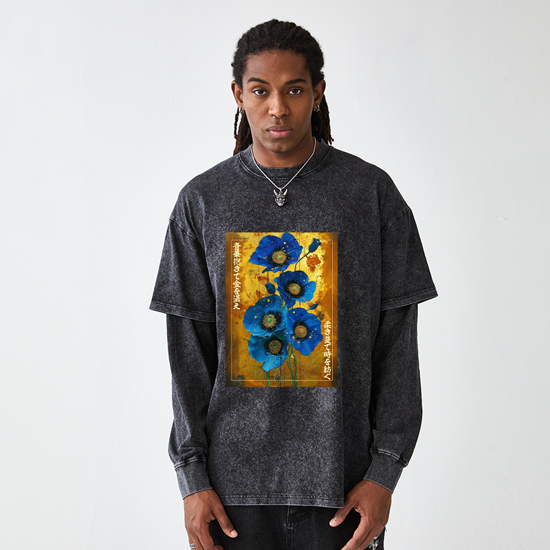 Tokyo-Tiger Shiny Blue Flower Warm Golden Background Washed Double Layer T-Shirt