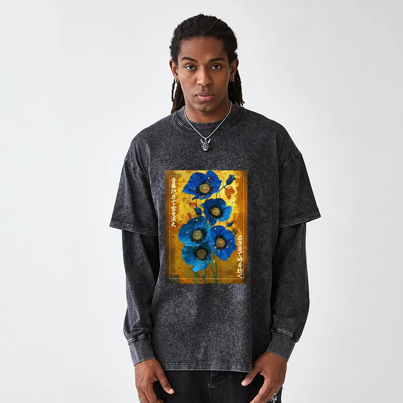 Tokyo-Tiger Shiny Blue Flower Warm Golden Background Washed Double Layer T-Shirt