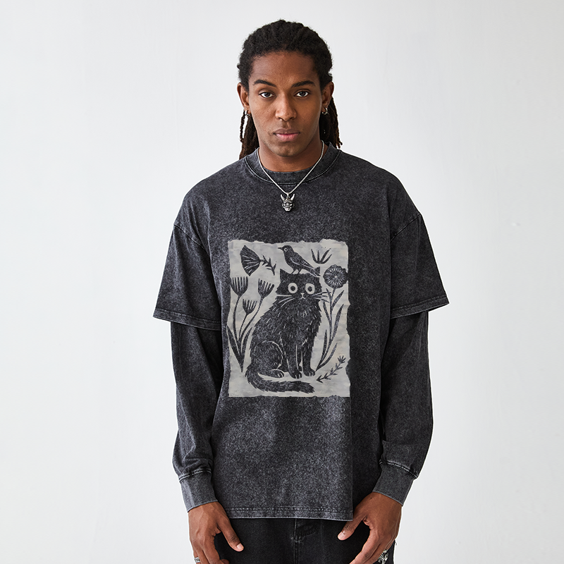 Tokyo-Tiger Folk Paper Cut Cat Bird Floral Art Washed Double Layer T-Shirt