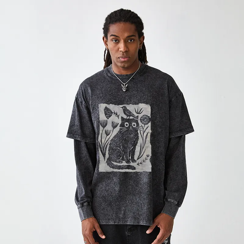 Tokyo-Tiger Folk Paper Cut Cat Bird Floral Art Washed Double Layer T-Shirt