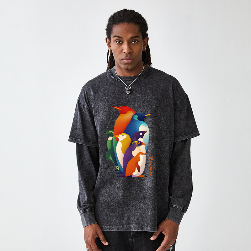 Tokyo-Tiger Cute Multi Tone Penguins Washed Double Layer T-Shirt
