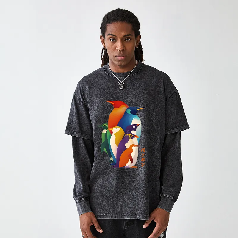 Tokyo-Tiger Cute Multi Tone Penguins Washed Double Layer T-Shirt