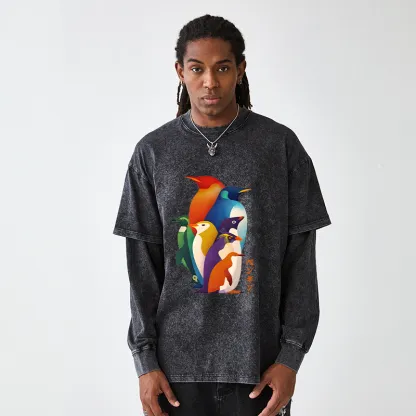Tokyo-Tiger Cute Multi Tone Penguins Washed Double Layer T-Shirt