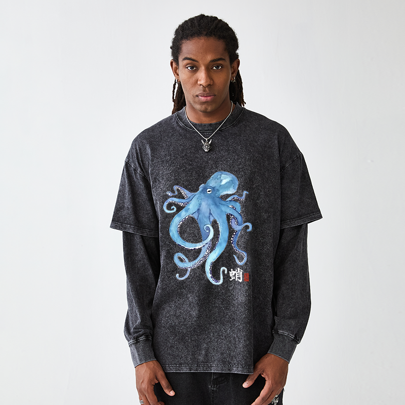 Tokyo-Tiger Watercolor Blue Octopus Washed Double Layer T-Shirt
