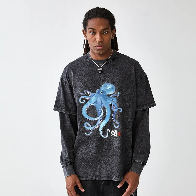 Tokyo-Tiger Watercolor Blue Octopus Washed Double Layer T-Shirt