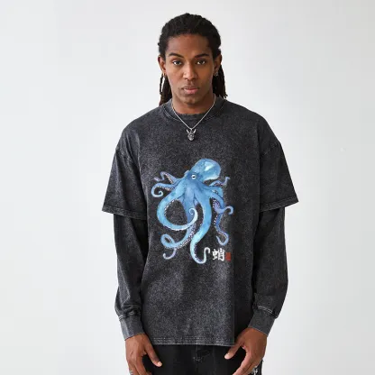 Tokyo-Tiger Watercolor Blue Octopus Washed Double Layer T-Shirt