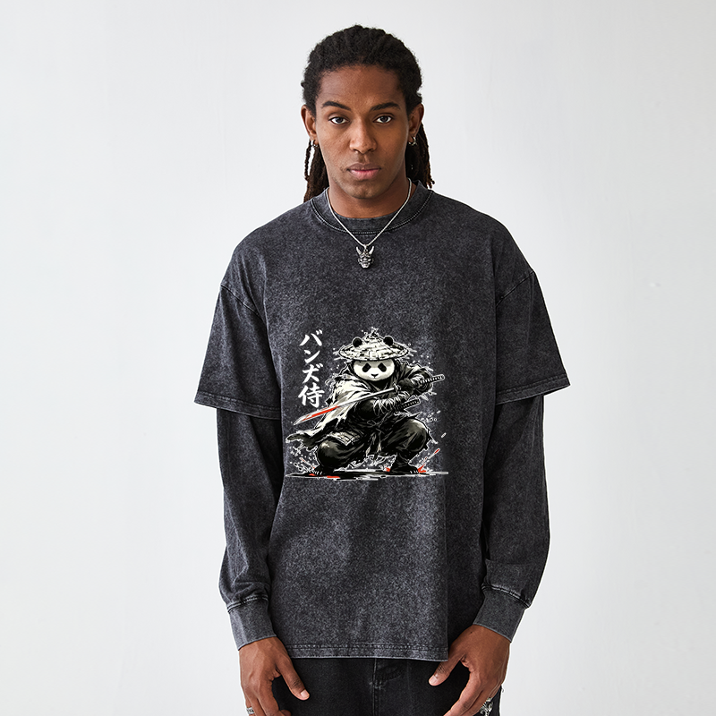 Tokyo-Tiger Panda Samurai Warrior Washed Double Layer T-Shirt