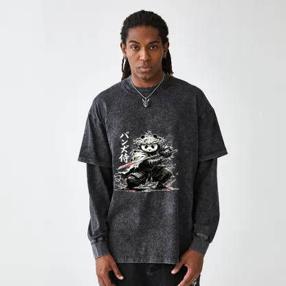 Tokyo-Tiger Panda Samurai Warrior Washed Double Layer T-Shirt