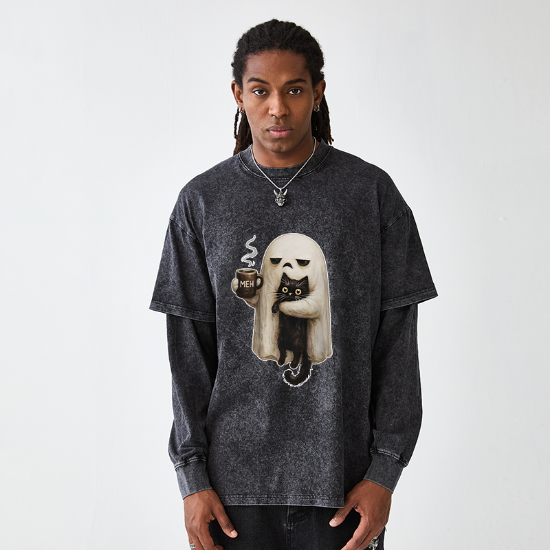 Tokyo-Tiger Ghost Cat Coffee Mood Washed Double Layer T-Shirt