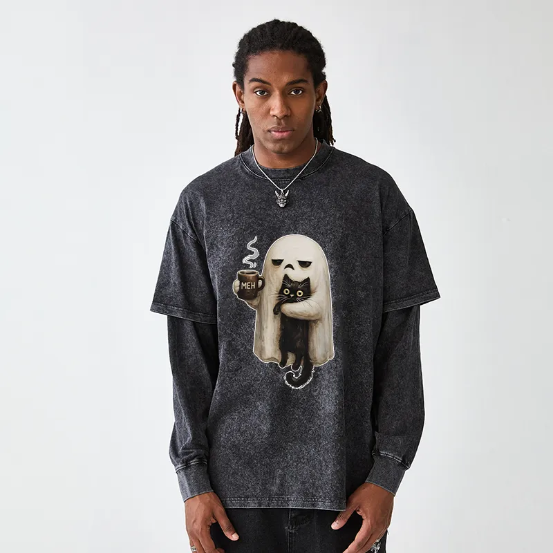 Tokyo-Tiger Ghost Cat Coffee Mood Washed Double Layer T-Shirt