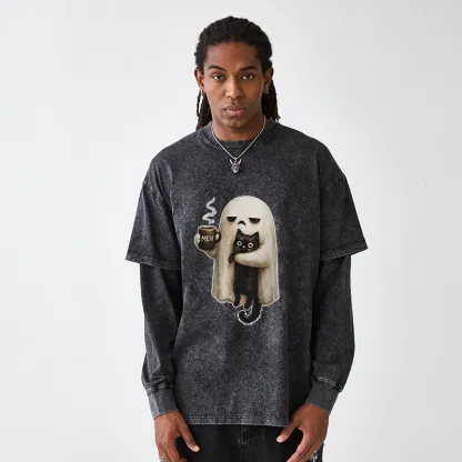 Tokyo-Tiger Ghost Cat Coffee Mood Washed Double Layer T-Shirt