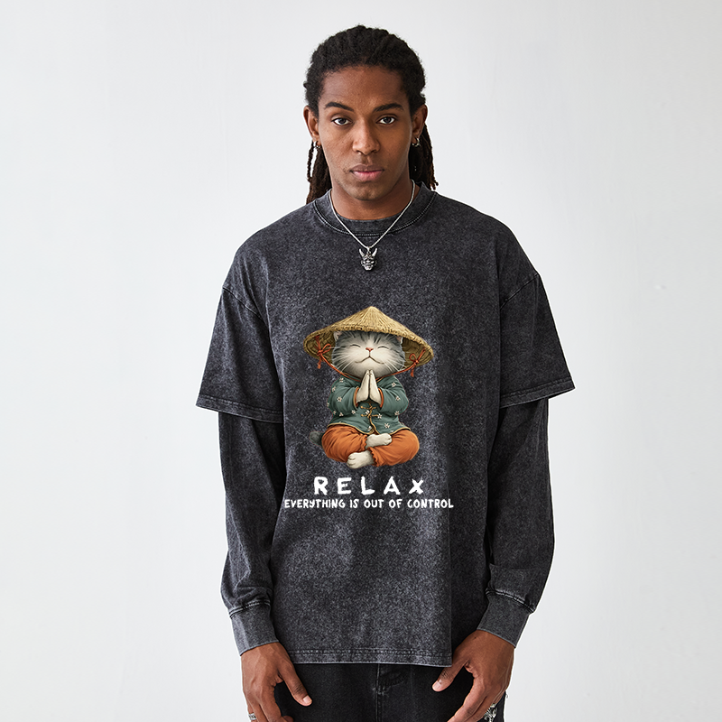 Tokyo-Tiger Zen Relax Cat Graphic Washed Double Layer T-Shirt