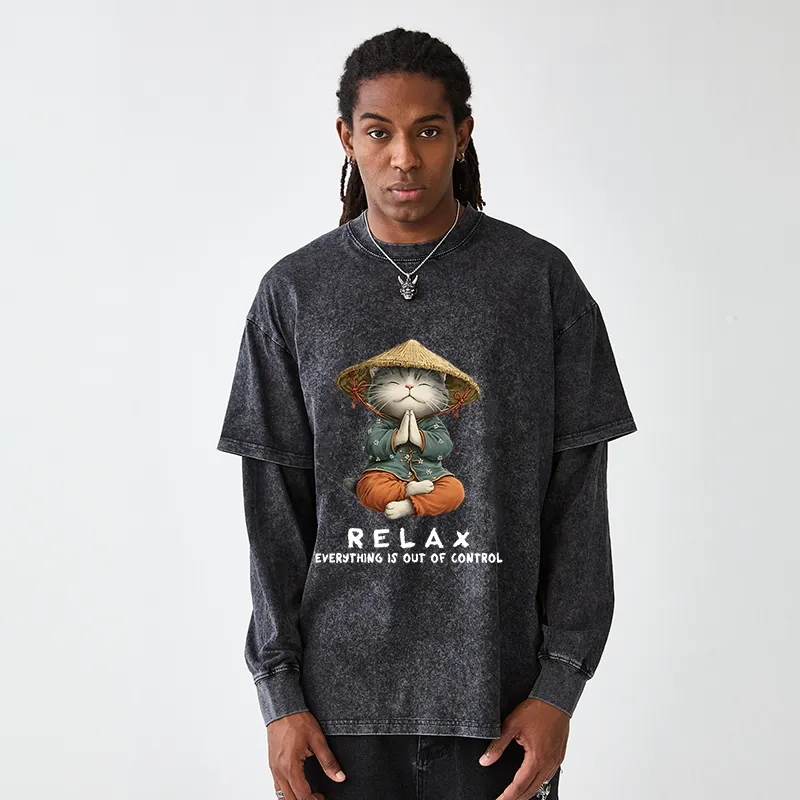 Tokyo-Tiger Zen Relax Cat Graphic Washed Double Layer T-Shirt