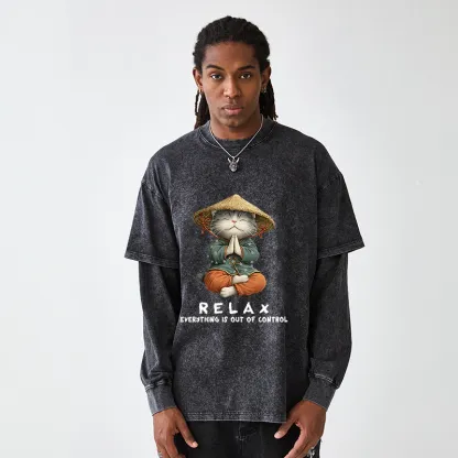 Tokyo-Tiger Zen Relax Cat Graphic Washed Double Layer T-Shirt