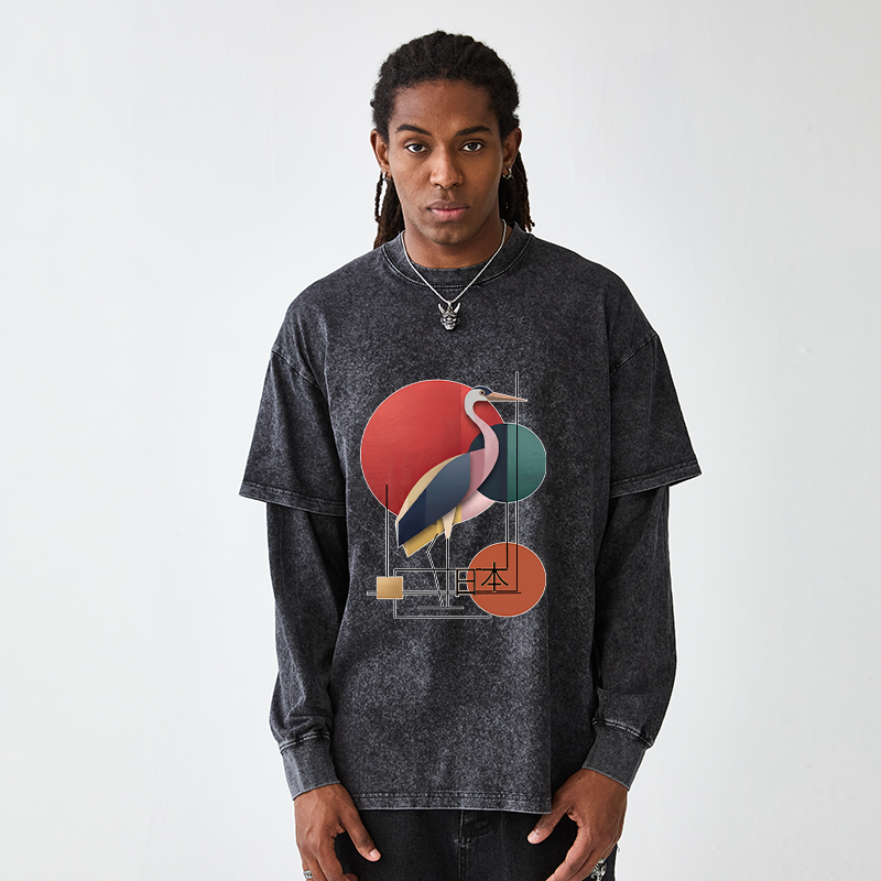 Tokyo-Tiger Geometric Crane Art Washed Double Layer T-Shirt