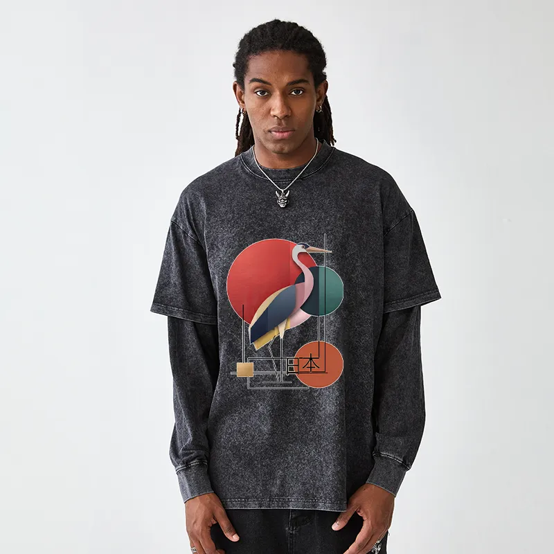 Tokyo-Tiger Geometric Crane Art Washed Double Layer T-Shirt