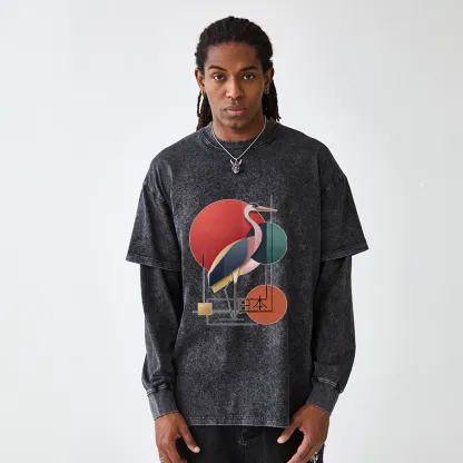 Tokyo-Tiger Geometric Crane Art Washed Double Layer T-Shirt