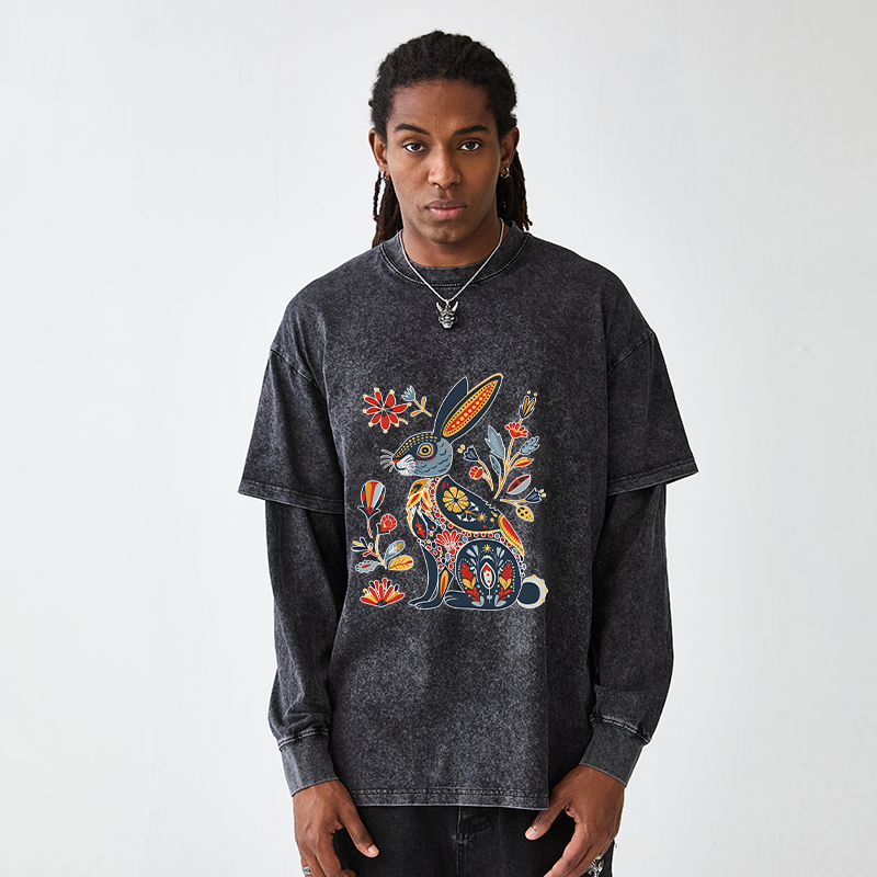 Tokyo-Tiger Folk Hare Bloom Washed Double Layer T-Shirt