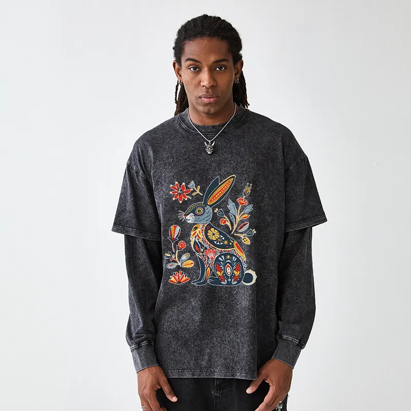 Tokyo-Tiger Folk Hare Bloom Washed Double Layer T-Shirt