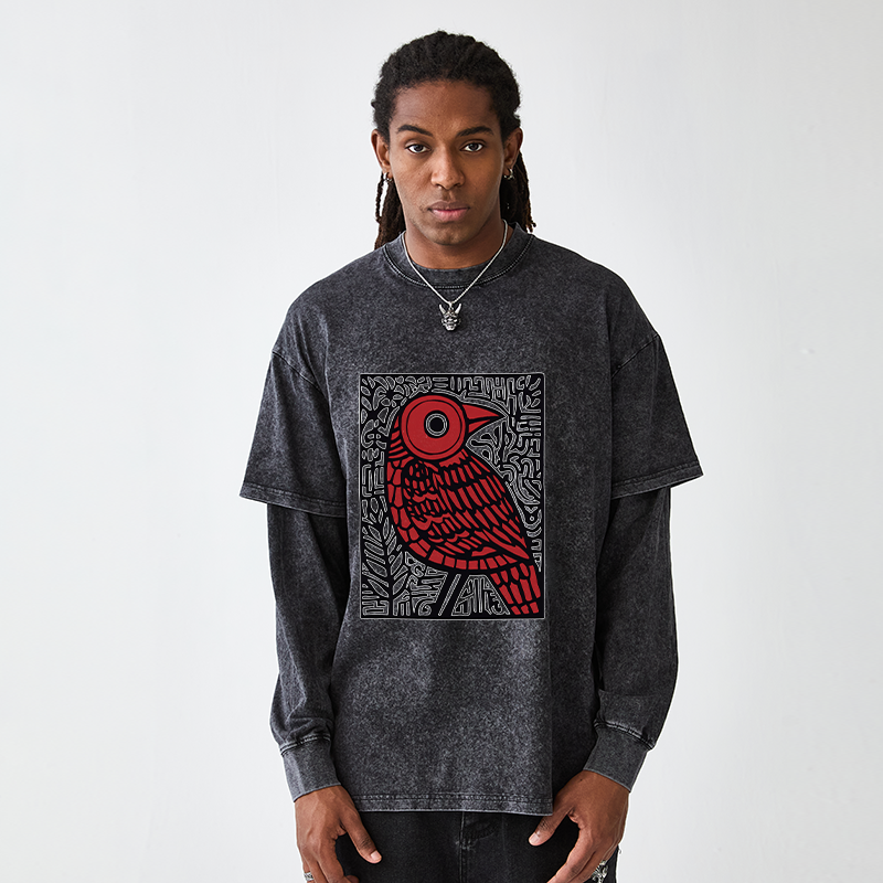 Tokyo-Tiger Retro Woodblock Bird Washed Double Layer T-Shirt