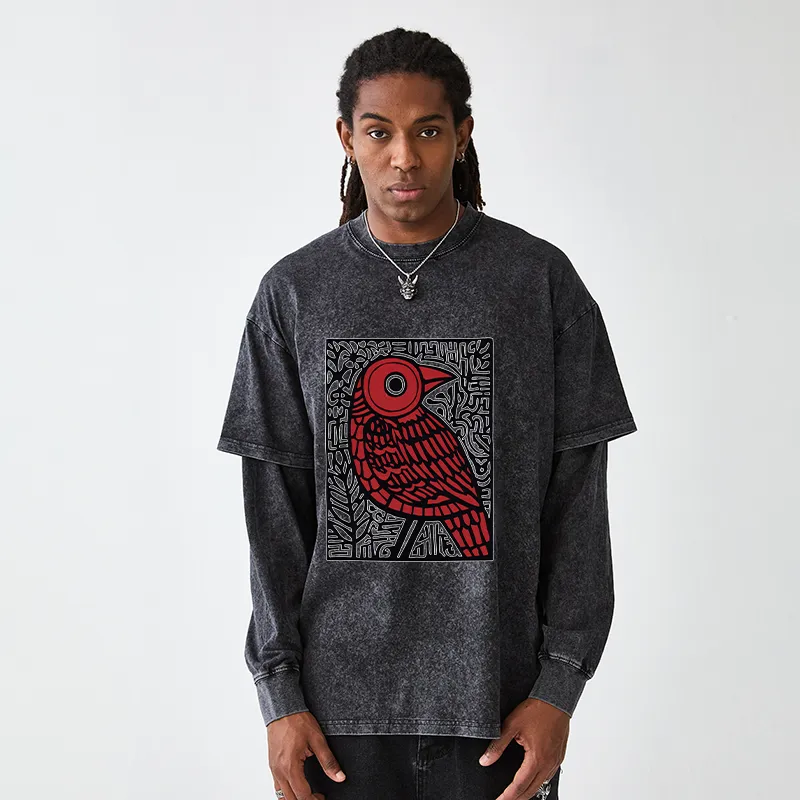 Tokyo-Tiger Retro Woodblock Bird Washed Double Layer T-Shirt