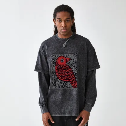 Tokyo-Tiger Retro Woodblock Bird Washed Double Layer T-Shirt