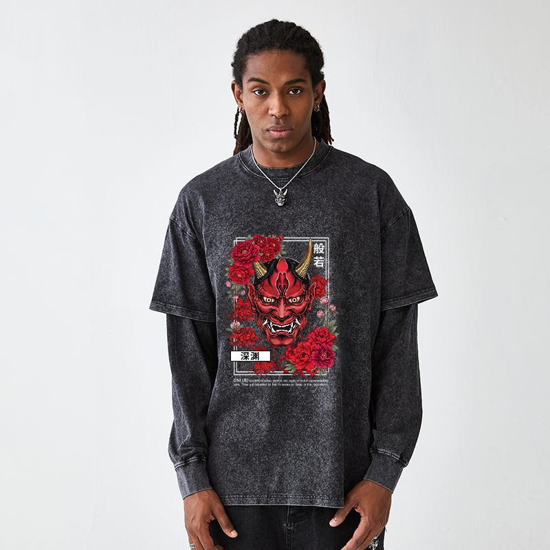 Tokyo-Tiger Cool Oni Floral Art Washed Double Layer T-Shirt