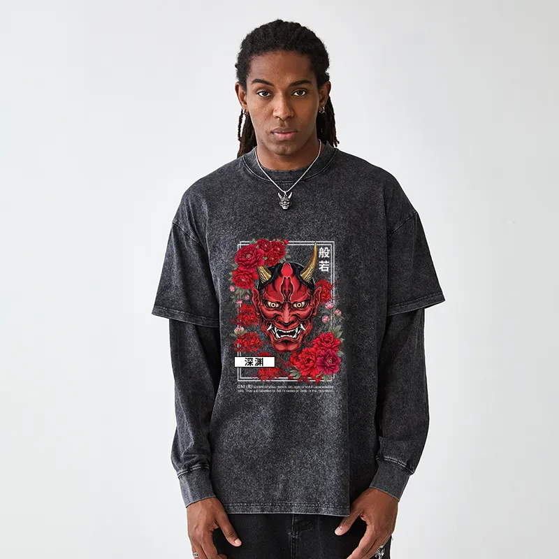 Tokyo-Tiger Cool Oni Floral Art Washed Double Layer T-Shirt