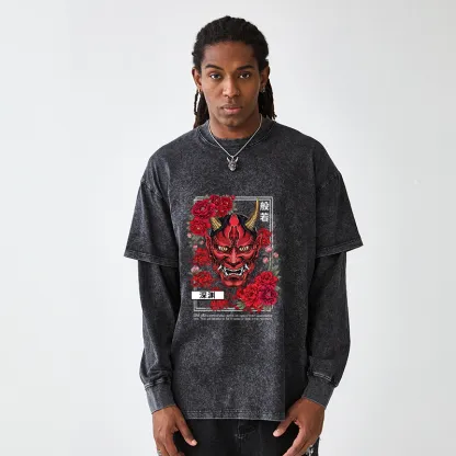 Tokyo-Tiger Cool Oni Floral Art Washed Double Layer T-Shirt