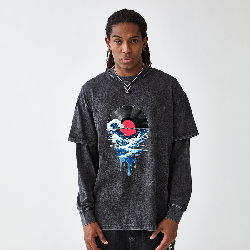 Tokyo-Tiger Vinyl Records And Waves Washed Double Layer T-Shirt