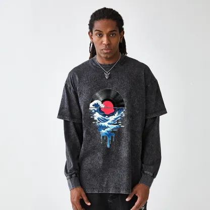 Tokyo-Tiger Vinyl Records And Waves Washed Double Layer T-Shirt