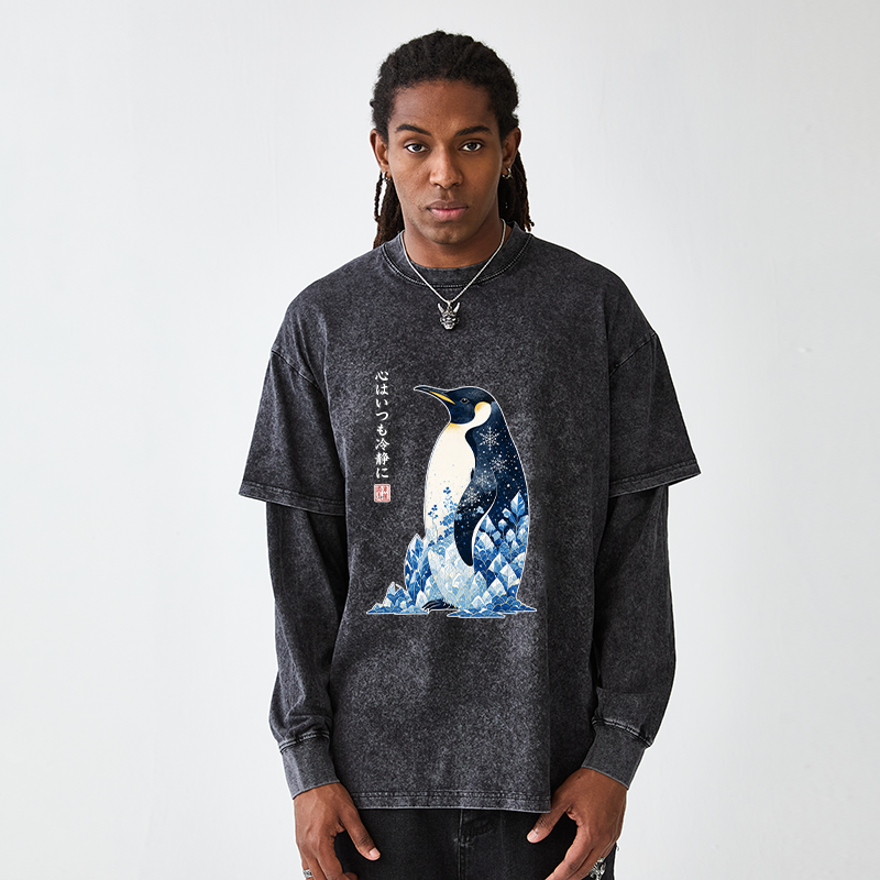Tokyo-Tiger Keep Calm Penguin Washed Double Layer T-Shirt
